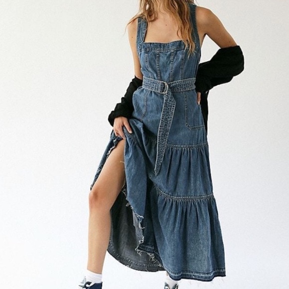 Free People Sierra Madre Denim Tiered Overall/Skirtall Maxi Dress - Picture 1 of 8